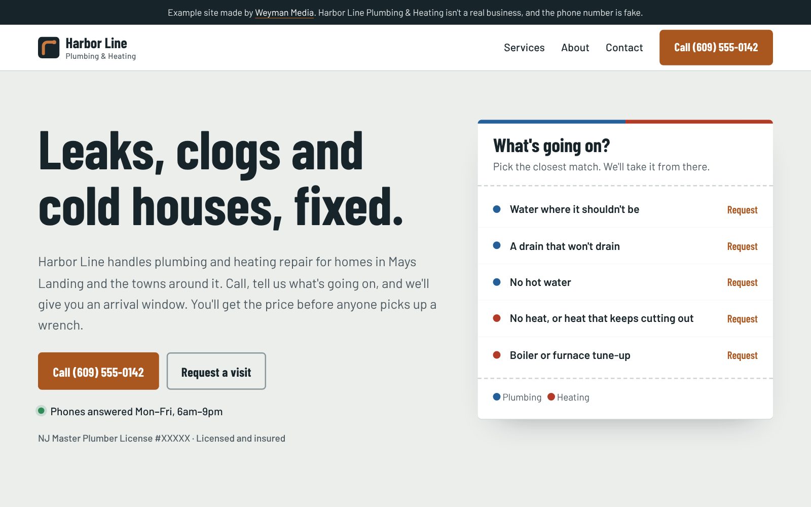 Screenshot of Example: plumbing & heating company