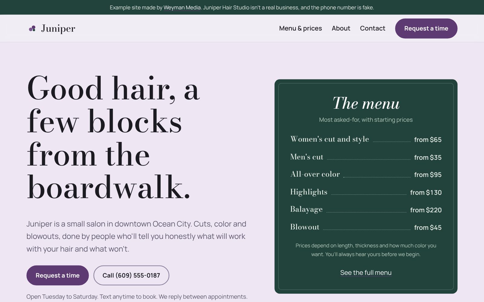 Screenshot of Example: hair salon